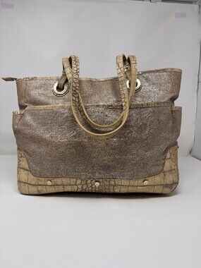ELAINE TURNER Nicole Metallic Linen Tote Croc Embossed Leather Pristine 15"